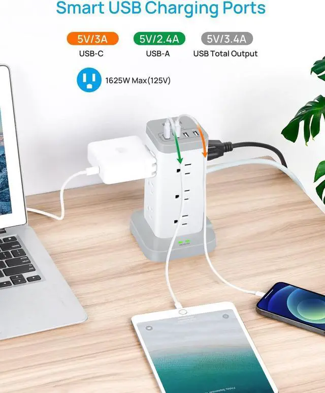 Alt view image 4 of 6 - BEVA Power Strip Tower with USB Ports, 16 in 1 Surge Protector Tower, 12 AC and 4USB Ports, 10 FT Extension Cord with Multiple Outlets, Power Tower Charging Station for Office SuppliesWhite