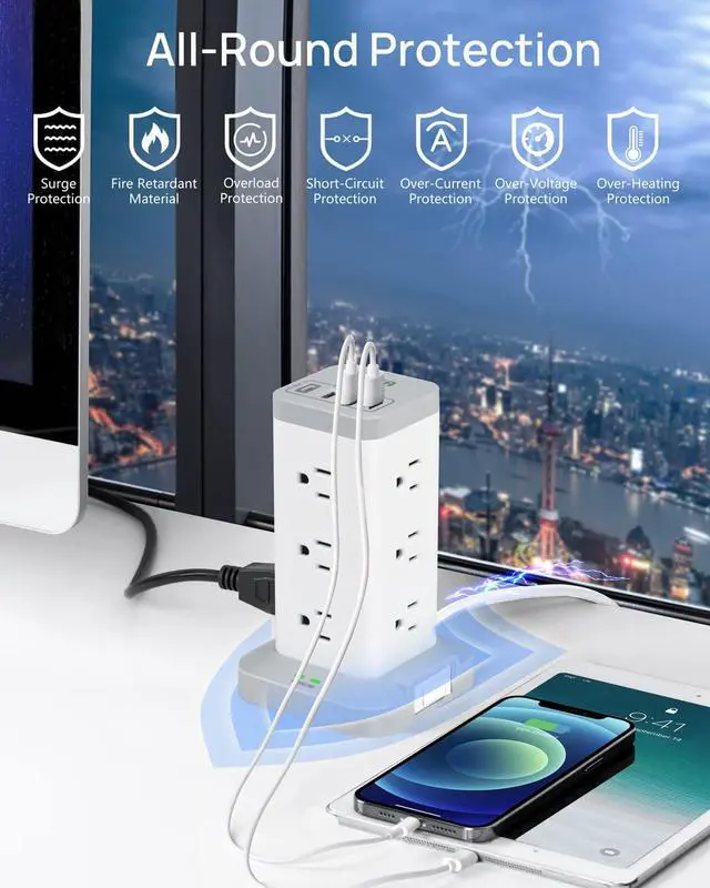 Alt view image 6 of 6 - BEVA Power Strip Tower with USB Ports, 16 in 1 Surge Protector Tower, 12 AC and 4USB Ports, 10 FT Extension Cord with Multiple Outlets, Power Tower Charging Station for Office SuppliesWhite