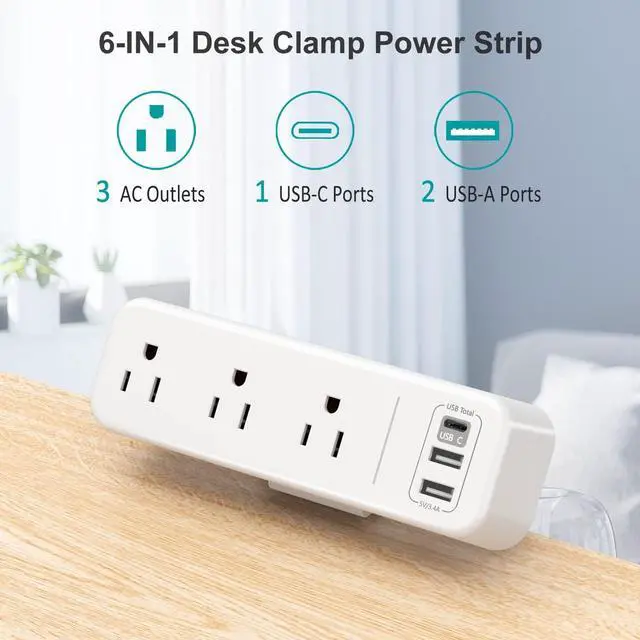Alt view image 2 of 7 - Desk Clamp Power Strip with USB C, 3 Outlets Desktop Mount Power Station with 6.5 ft Plug Extension Cord, White