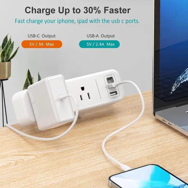 Alt view image 3 of 7 - Desk Clamp Power Strip with USB C, 3 Outlets Desktop Mount Power Station with 6.5 ft Plug Extension Cord, White