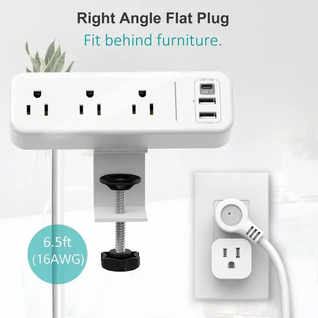 Alt view image 4 of 7 - Desk Clamp Power Strip with USB C, 3 Outlets Desktop Mount Power Station with 6.5 ft Plug Extension Cord, White