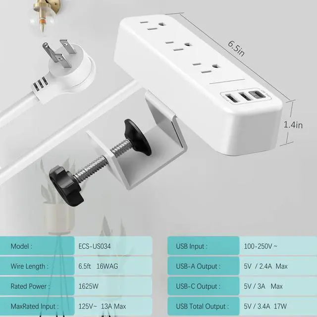 Alt view image 6 of 7 - Desk Clamp Power Strip with USB C, 3 Outlets Desktop Mount Power Station with 6.5 ft Plug Extension Cord, White