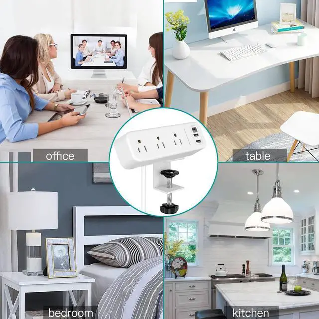 Alt view image 7 of 7 - Desk Clamp Power Strip with USB C, 3 Outlets Desktop Mount Power Station with 6.5 ft Plug Extension Cord, White