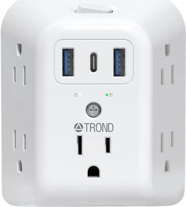 Main image of TROND 2 Prong Power Strip USB, 2 to 3 Prong Outlet Adapter, 5 Outlet Splitter with 3 USB Ports(1 USB C), Wall Mount 1440J Surge Protector with ON/OFF, Polarized Plug, for Non-Grounded Outlet Old House