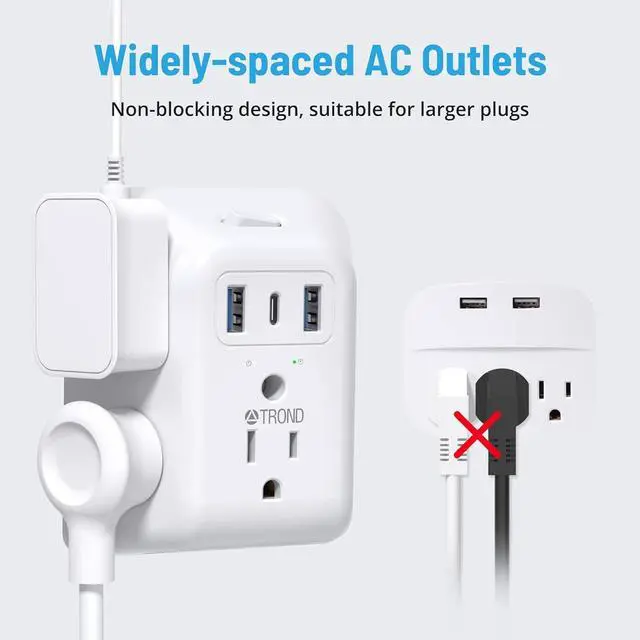 Alt view image 6 of 7 - TROND 2 Prong Power Strip USB, 2 to 3 Prong Outlet Adapter, 5 Outlet Splitter with 3 USB Ports(1 USB C), Wall Mount 1440J Surge Protector with ON/OFF, Polarized Plug, for Non-Grounded Outlet Old House