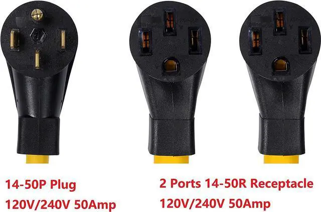 Alt view image 2 of 2 - ONETAK NEMA 14-50P to 2 Outlet 14-50R Y Splitter STW 6 AWG 3 Feet 120V/240V 50 Amp 4 Prong Male Plug Female Receptacle Welder Generator Dryer RV Power Cord Adapter