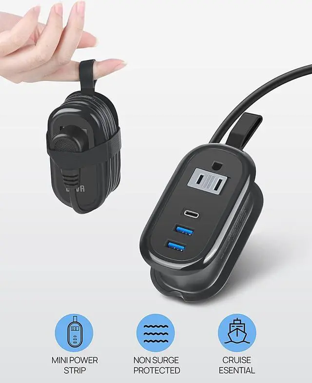 Alt view image 5 of 6 - BEVA Travel Power Strip with USB C Ports, 4FT Extension Cord, 2 Outlets, 3 USB Ports, Cruise Ship Essentials (3.4A Charge, Black)