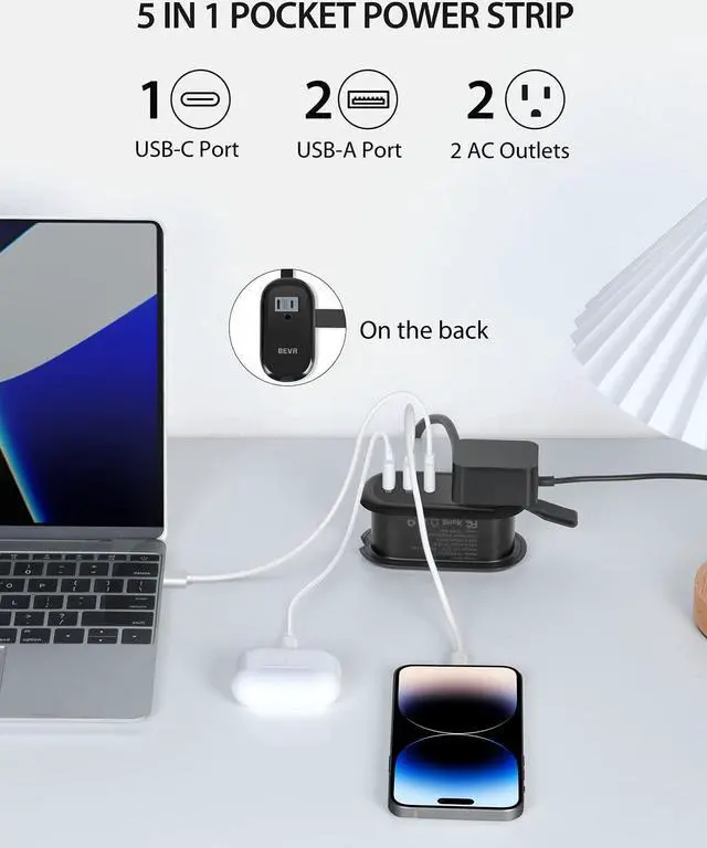 Alt view image 2 of 6 - BEVA Travel Power Strip with USB C Ports, 4FT Extension Cord, 2 Outlets, 3 USB Ports, Cruise Ship Essentials (3.4A Charge, Black)
