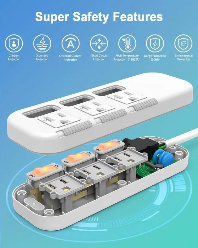 Alt view image 2 of 6 - Flat Plug Power Strip Individual Switches, Extension Cord 6 feet, 3 Outlets, Surge Protector 300J, White, Baby Proof Outlet Cover