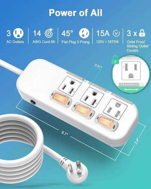 Alt view image 3 of 6 - Flat Plug Power Strip Individual Switches, Extension Cord 6 feet, 3 Outlets, Surge Protector 300J, White, Baby Proof Outlet Cover