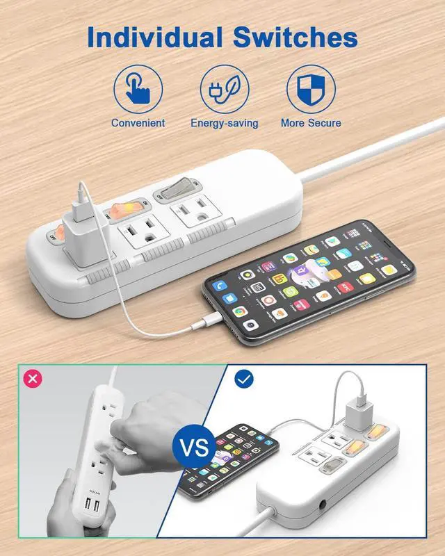 Alt view image 4 of 6 - Flat Plug Power Strip Individual Switches, Extension Cord 6 feet, 3 Outlets, Surge Protector 300J, White, Baby Proof Outlet Cover