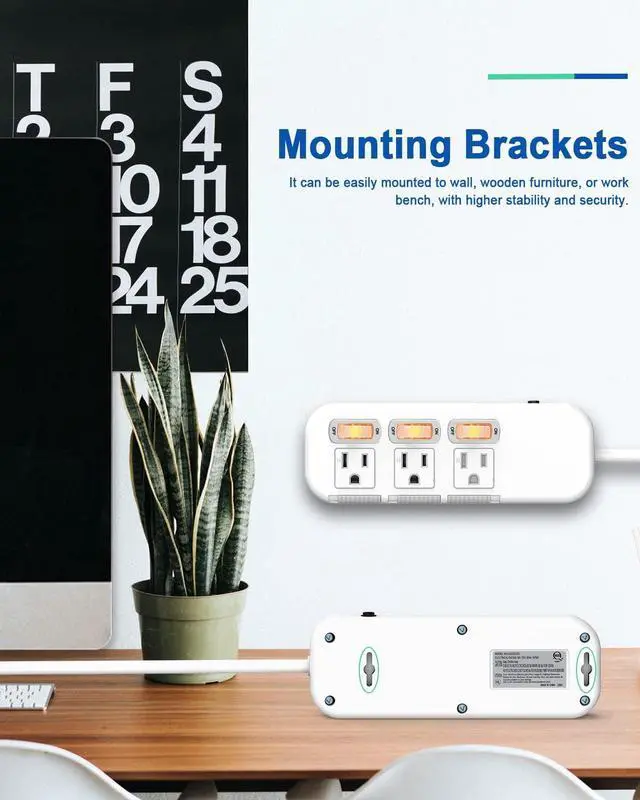 Alt view image 6 of 6 - Flat Plug Power Strip Individual Switches, Extension Cord 6 feet, 3 Outlets, Surge Protector 300J, White, Baby Proof Outlet Cover