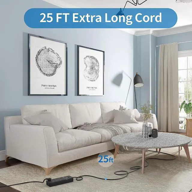 Alt view image 2 of 7 - 25 ft Extension Cord Flat Plug, NTONPOWER 8 Outlet Surge Protector Power Strip with USB Ports, 15A Circuit Breaker, Wall Mount Surge Protector for Home, Office, Workbench or Garage, ETL Listed, Black