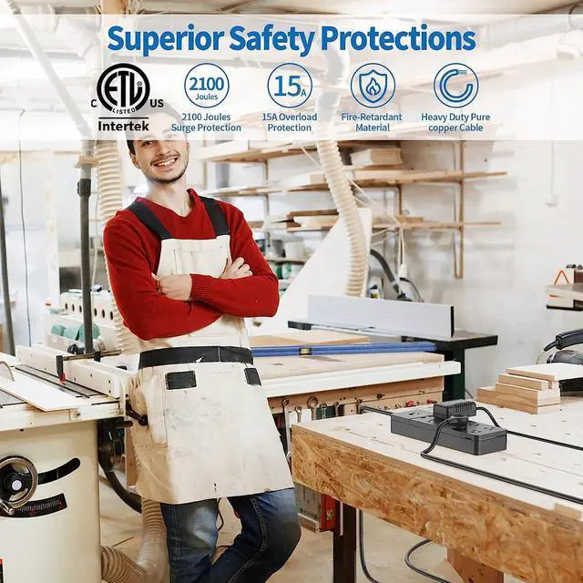 Alt view image 4 of 7 - 25 ft Extension Cord Flat Plug, NTONPOWER 8 Outlet Surge Protector Power Strip with USB Ports, 15A Circuit Breaker, Wall Mount Surge Protector for Home, Office, Workbench or Garage, ETL Listed, Black