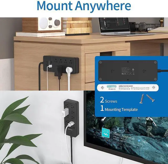 Alt view image 5 of 7 - 25 ft Extension Cord Flat Plug, NTONPOWER 8 Outlet Surge Protector Power Strip with USB Ports, 15A Circuit Breaker, Wall Mount Surge Protector for Home, Office, Workbench or Garage, ETL Listed, Black