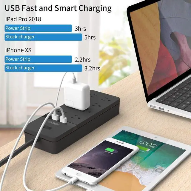 Alt view image 7 of 7 - 25 ft Extension Cord Flat Plug, NTONPOWER 8 Outlet Surge Protector Power Strip with USB Ports, 15A Circuit Breaker, Wall Mount Surge Protector for Home, Office, Workbench or Garage, ETL Listed, Black