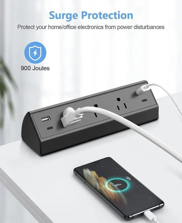 Alt view image 5 of 7 - Desk Clamp Power Strip,40W Fast Charging Station,Desktop Mount Surge Protector,2 PD 20W USB C Ports,3 Outlets for Home,Office,Fit 1.9" Tabletop Edge (Black, 3 Outlets & 4 USB Ports & 25 FT Cable)