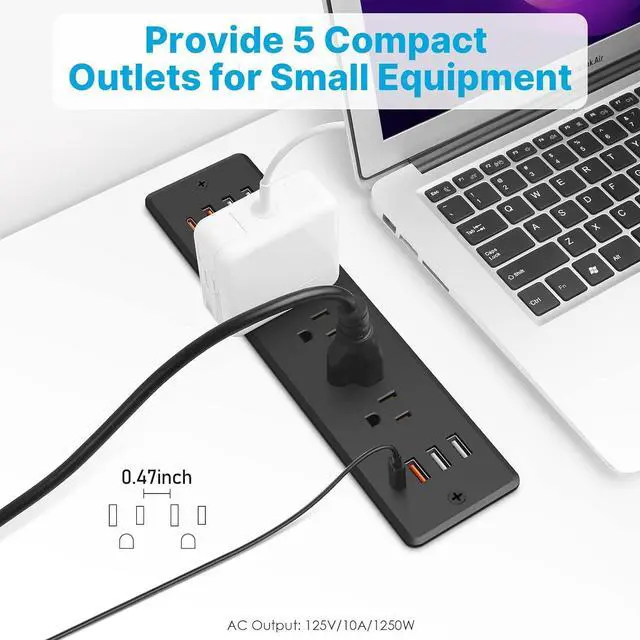 Alt view image 5 of 7 - CCCEI Recessed Power Strip Surge Protector with 5 Outlets, USB 3.0 USB-A and USB-C Ports, Built in Furniture Desk Hidden Outlet, with 6 FT 45 Degree Flat Plug Extension Cord.