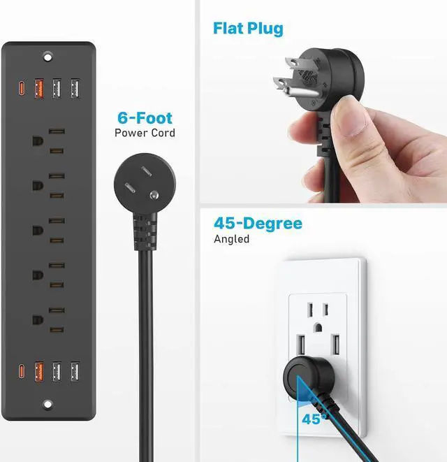 Alt view image 7 of 7 - CCCEI Recessed Power Strip Surge Protector with 5 Outlets, USB 3.0 USB-A and USB-C Ports, Built in Furniture Desk Hidden Outlet, with 6 FT 45 Degree Flat Plug Extension Cord.
