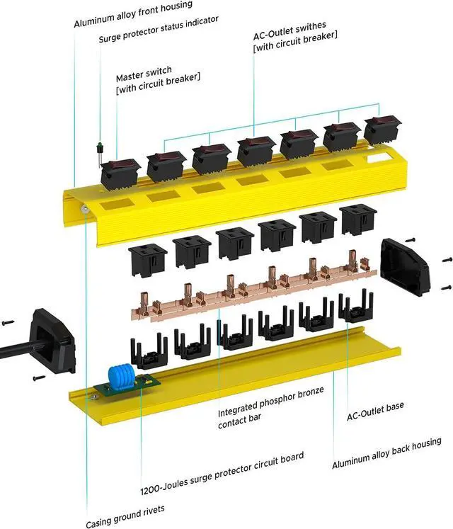 Alt view image 3 of 7 - CRST 6-Outlet Heavy Duty Metal Power Strip with Individual Switches, 15AMP/1875W Surge Protector Power Strip(1200 Joules) for Home Garage Office Kitchen School, 6FT 14AWG Cord (Yellow)