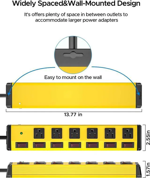 Alt view image 6 of 7 - CRST 6-Outlet Heavy Duty Metal Power Strip with Individual Switches, 15AMP/1875W Surge Protector Power Strip(1200 Joules) for Home Garage Office Kitchen School, 6FT 14AWG Cord (Yellow)