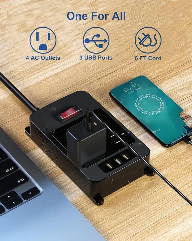 Alt view image 2 of 6 - Outlet Extender, Waterproof Surge Protector Power Strip 6 Ft Cord, Outdoor Extension Cord with Multiple Outlets, 4 Wide Outlets, 3 USB Ports, Shockproof Overload Protection Black