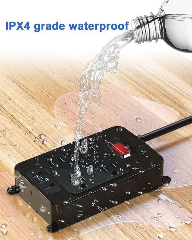 Alt view image 3 of 6 - Outlet Extender, Waterproof Surge Protector Power Strip 6 Ft Cord, Outdoor Extension Cord with Multiple Outlets, 4 Wide Outlets, 3 USB Ports, Shockproof Overload Protection Black