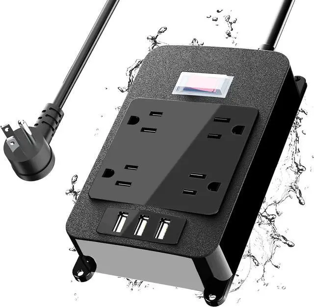 Main image of Outlet Extender, Waterproof Surge Protector Power Strip 6 Ft Cord, Outdoor Extension Cord with Multiple Outlets, 4 Wide Outlets, 3 USB Ports, Shockproof Overload Protection Black