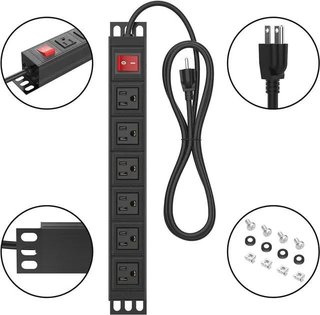 Alt view image 3 of 7 - BTU 6 Outlet Power Strip, Metal Mountable Power Strip Surge Protector, Heavy Duty Wall Mount Power Outlet for Commercial, Industrial, Workshop, 6FT Power Cord, 15A/125V 1875W (Black 6FT)