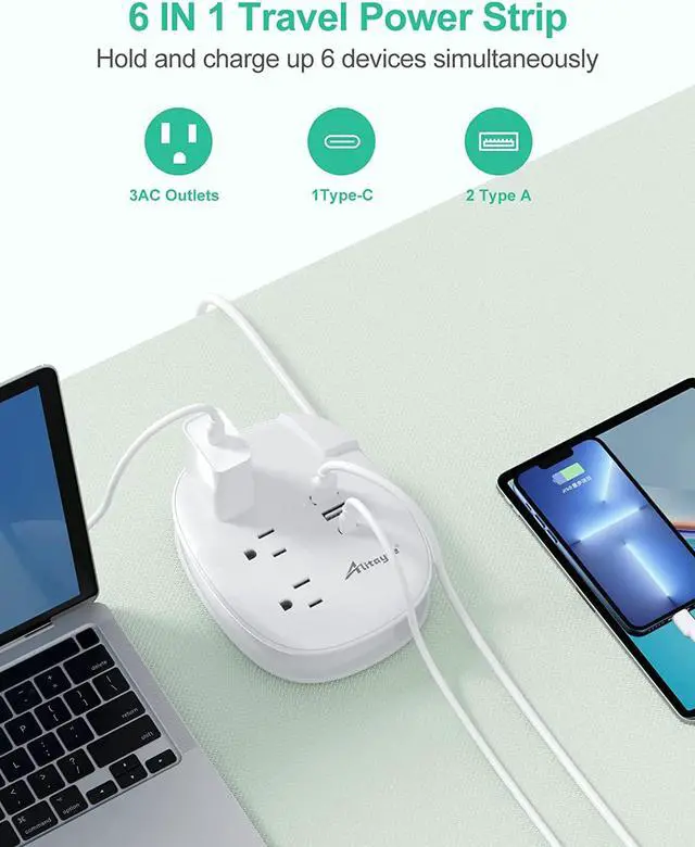 Alt view image 3 of 7 - Alitayee USB C Travel Power Strip,Portable Power Strip with 3 Outlets 3 USB Ports Fast Charge, USB Extension Cord with Flat Plug and 4ft Wrapped Around Extension Cord for Cruise Travel Home Office
