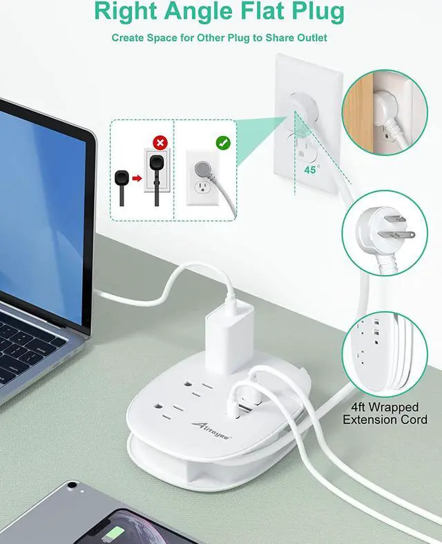 Alt view image 5 of 7 - Alitayee USB C Travel Power Strip,Portable Power Strip with 3 Outlets 3 USB Ports Fast Charge, USB Extension Cord with Flat Plug and 4ft Wrapped Around Extension Cord for Cruise Travel Home Office