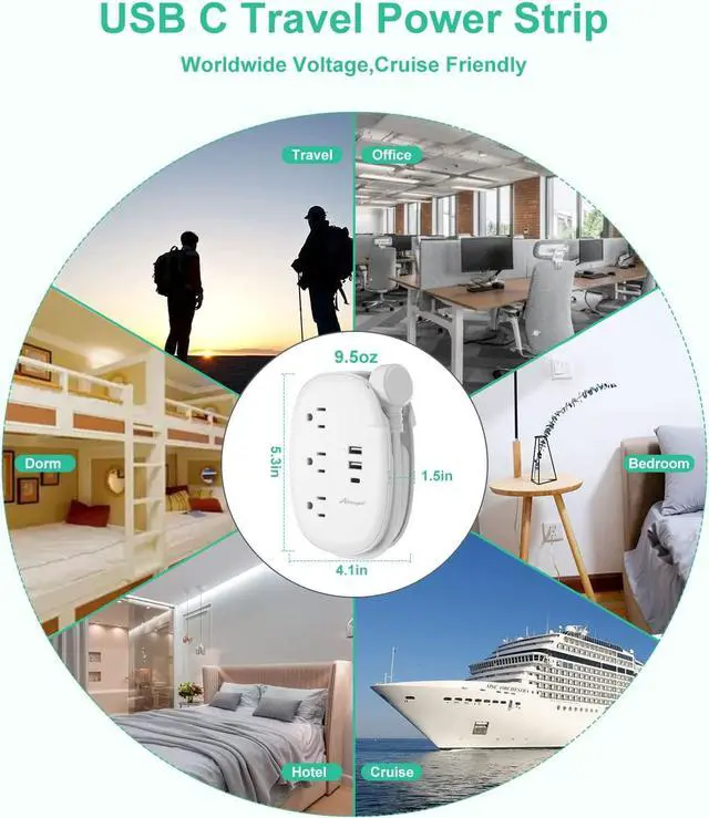 Alt view image 6 of 7 - Alitayee USB C Travel Power Strip,Portable Power Strip with 3 Outlets 3 USB Ports Fast Charge, USB Extension Cord with Flat Plug and 4ft Wrapped Around Extension Cord for Cruise Travel Home Office