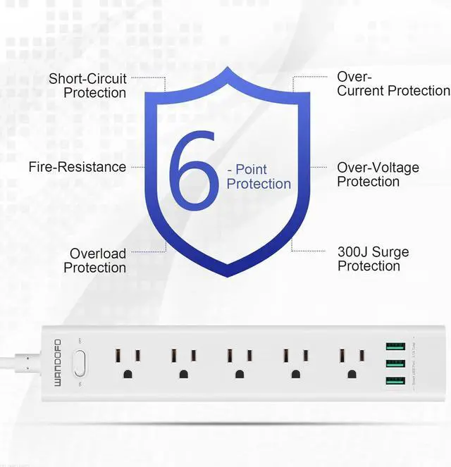 Alt view image 4 of 7 - 2 Prong Power Strip, 10FT Long Extension Cord Surge Protector, 5 Outlets and 3 USB, 13A/1625W, Polarized Two Prong to Three Prong Outlet Adapter Converter, Wall Mount, White