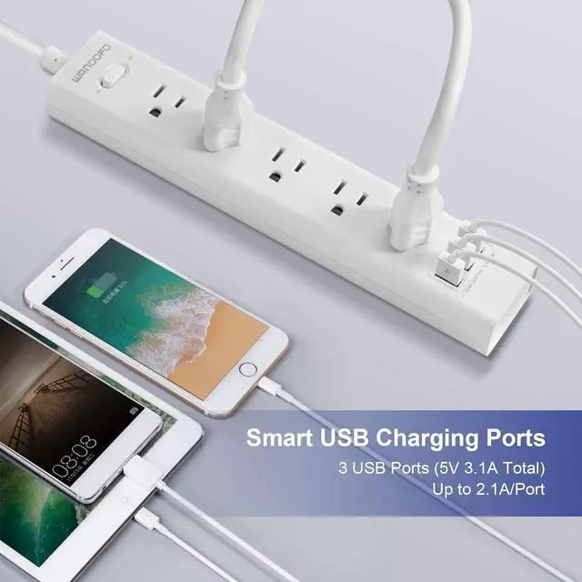 Alt view image 5 of 7 - 2 Prong Power Strip, 10FT Long Extension Cord Surge Protector, 5 Outlets and 3 USB, 13A/1625W, Polarized Two Prong to Three Prong Outlet Adapter Converter, Wall Mount, White