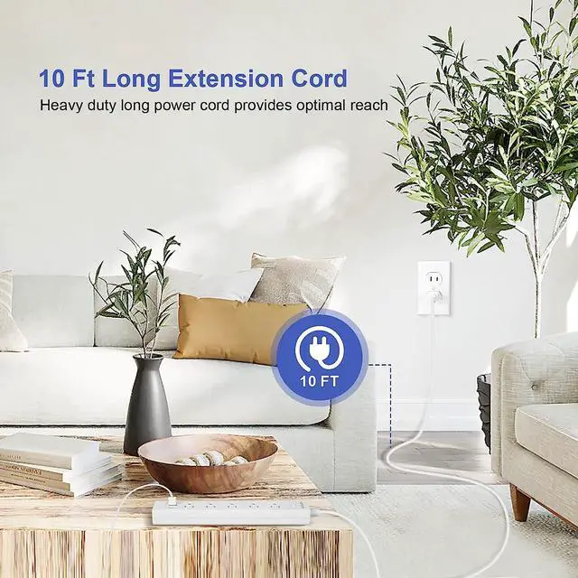 Alt view image 2 of 7 - 2 Prong Power Strip, 10FT Long Extension Cord Surge Protector, 5 Outlets and 3 USB, 13A/1625W, Polarized Two Prong to Three Prong Outlet Adapter Converter, Wall Mount, White