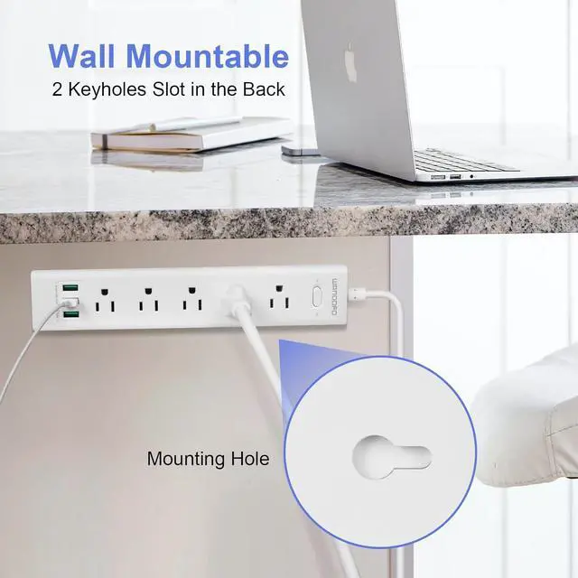 Alt view image 6 of 7 - 2 Prong Power Strip, 10FT Long Extension Cord Surge Protector, 5 Outlets and 3 USB, 13A/1625W, Polarized Two Prong to Three Prong Outlet Adapter Converter, Wall Mount, White