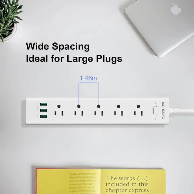 Alt view image 7 of 7 - 2 Prong Power Strip, 10FT Long Extension Cord Surge Protector, 5 Outlets and 3 USB, 13A/1625W, Polarized Two Prong to Three Prong Outlet Adapter Converter, Wall Mount, White
