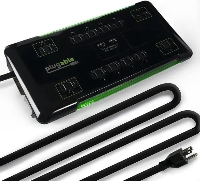 Alt view image 2 of 5 - Plugable Surge Protector Power Strip with USB and 12 AC Outlets, Built-in 10.5W 2-Port USB Charger for Android, Apple iOS, and Windows Mobile Devices, 25 Foot Extension Cord