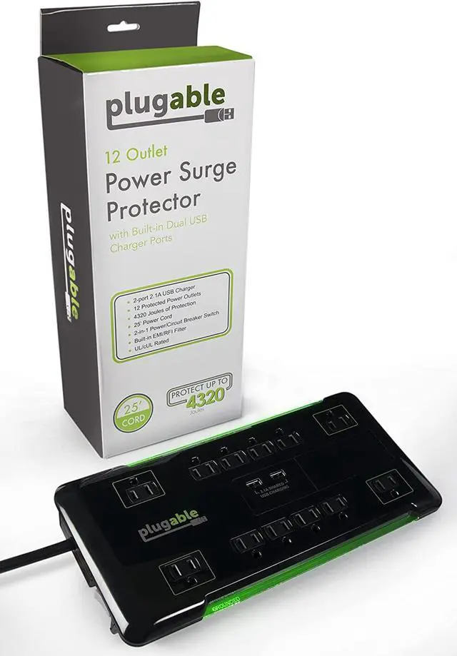 Alt view image 5 of 5 - Plugable Surge Protector Power Strip with USB and 12 AC Outlets, Built-in 10.5W 2-Port USB Charger for Android, Apple iOS, and Windows Mobile Devices, 25 Foot Extension Cord
