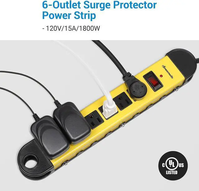 Alt view image 2 of 7 - DEWENWILS Metal Power Strip, 6-Outlet Heavy Duty Surge Protector with 15FT Long Cord, 14AWG/3C, 15A Circuit Breaker, 900 Joules, Low Profile Flat Plug, Wall Mountable, UL Listed Yellow