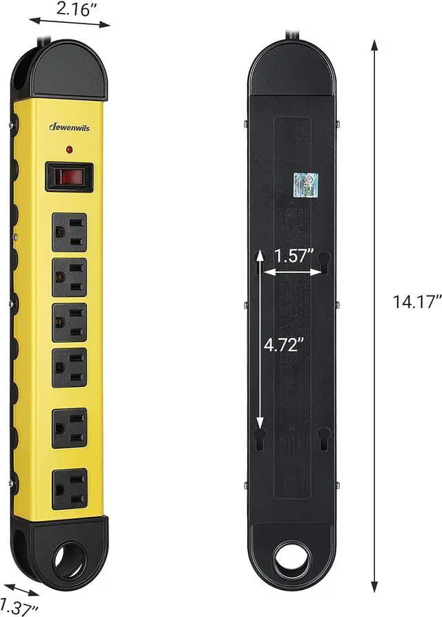 Alt view image 7 of 7 - DEWENWILS Metal Power Strip, 6-Outlet Heavy Duty Surge Protector with 15FT Long Cord, 14AWG/3C, 15A Circuit Breaker, 900 Joules, Low Profile Flat Plug, Wall Mountable, UL Listed Yellow