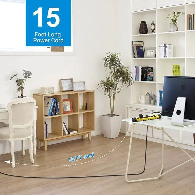 Alt view image 4 of 7 - DEWENWILS Metal Power Strip, 6-Outlet Heavy Duty Surge Protector with 15FT Long Cord, 14AWG/3C, 15A Circuit Breaker, 900 Joules, Low Profile Flat Plug, Wall Mountable, UL Listed Yellow