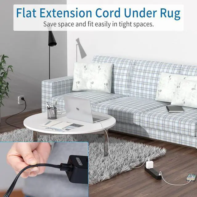 Alt view image 3 of 7 - Flat Plug Extension Cord 25 Ft, NTONPOWER Ultra Thin Flat Extension Cord Under Carpet, Rug, Door, Wall Mount Power Strip with 4 Outlets 3 USB Ports, Overload Protection for Indoor Home Office, Black