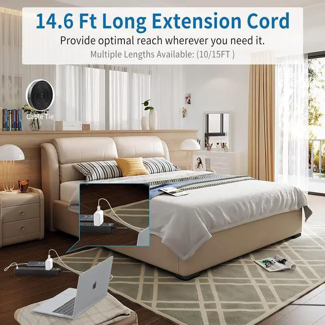 Alt view image 4 of 7 - Flat Extension Cord 15 Ft, NTONPOWER Ultra Thin Flat Extension Cord Under Carpet, Rug, Door, Wall Mount Power Strip Flat Plug with 4 Outlets 3 USB, Overload Protection for Indoor Home Office, Black