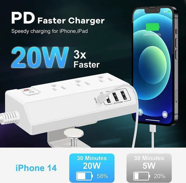 Alt view image 3 of 7 - Desk Clamp Power Strip with USB C (20W PD) - Removable Surge Protector with 3 Outlet 4 USB Ports - Multi Outlet Plug Edge Mount Desktop Power Station Charging Hub - Home Office Desk Accessories
