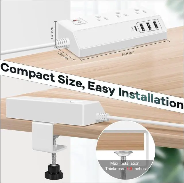 Alt view image 4 of 7 - Desk Clamp Power Strip with USB C (20W PD) - Removable Surge Protector with 3 Outlet 4 USB Ports - Multi Outlet Plug Edge Mount Desktop Power Station Charging Hub - Home Office Desk Accessories