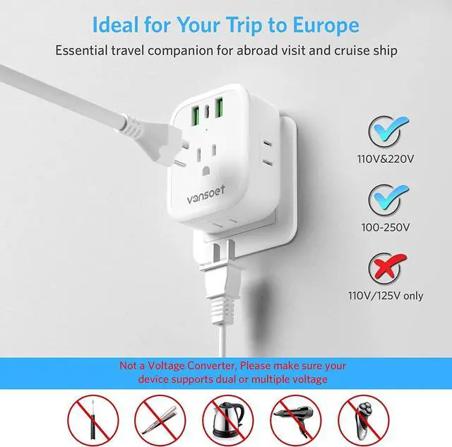 Alt view image 4 of 7 - [2-Pack] European Travel Plug Adapter, International Power Plug Adapter with USB C 20W 4 Outlets 3 Fast Charge Ports (PD&QC), Type C Plug Adapter Travel Essentials to Europe Spain Italy France Germany