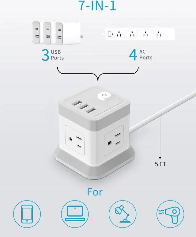 Alt view image 2 of 7 - Power Strip with USB, FDTEK Flat Plug Extension Cord with 4 Outlets and 3 USB Ports, 5 FT Power Cord Desktop Charging Station, Overload Protection, Compact Portable for Travel Home Office Cruise Ship