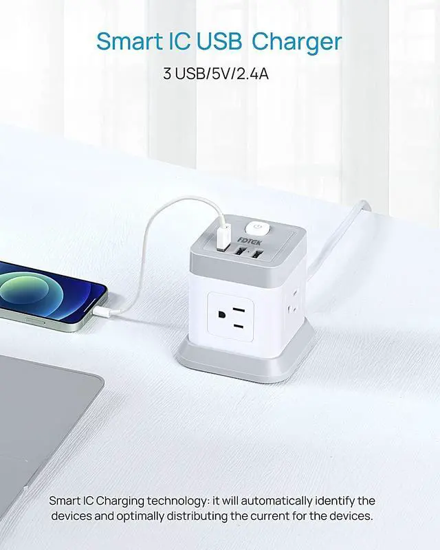 Alt view image 4 of 7 - Power Strip with USB, FDTEK Flat Plug Extension Cord with 4 Outlets and 3 USB Ports, 5 FT Power Cord Desktop Charging Station, Overload Protection, Compact Portable for Travel Home Office Cruise Ship