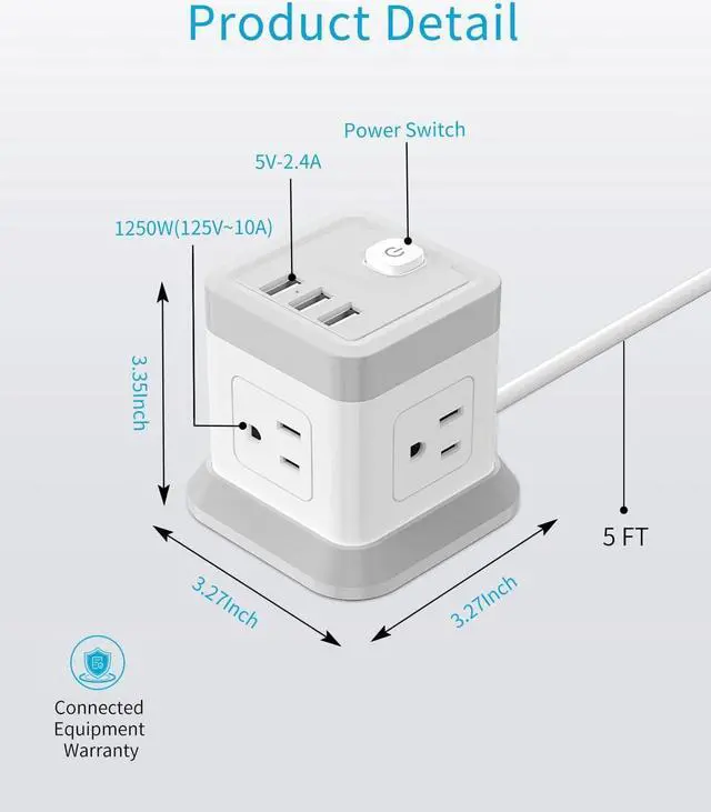 Alt view image 3 of 7 - Power Strip with USB, FDTEK Flat Plug Extension Cord with 4 Outlets and 3 USB Ports, 5 FT Power Cord Desktop Charging Station, Overload Protection, Compact Portable for Travel Home Office Cruise Ship